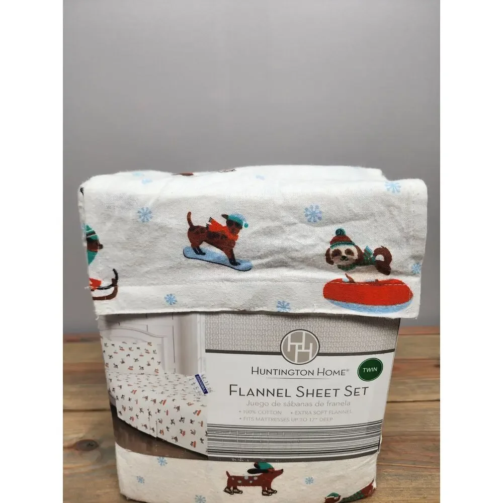Huntington Home 3 PC Twin 100% Cotton Flannel Sheet Set Dog Fun In The Snow